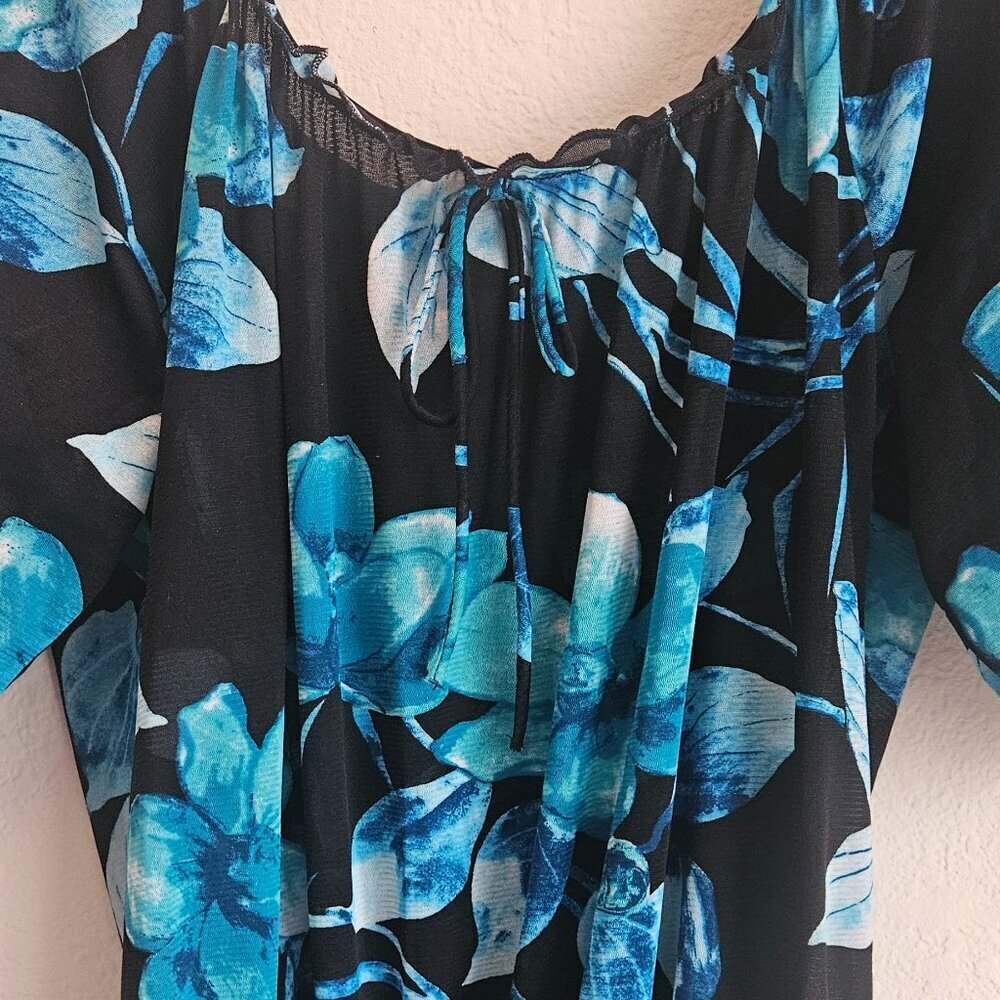 Boho black Blue floral Whimsygoth Tropic gawzy tropical Vacay balloon sleeves M - Picture 6 of 6